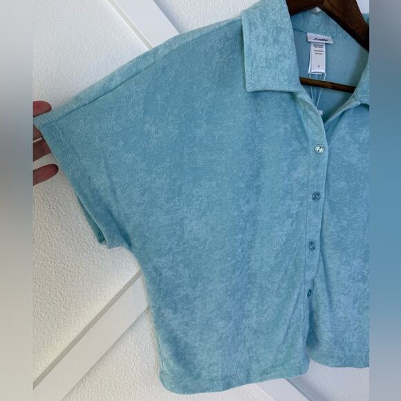 NWT Andie Swim The Cropped Button Up Short Sleeve Shirt Terry Cloth Blue Small - Picture 3 of 9